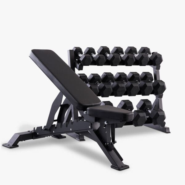 Hex håndvægte (sæt, 7,5-25 kg) inkl. stativ og justerbar bænk