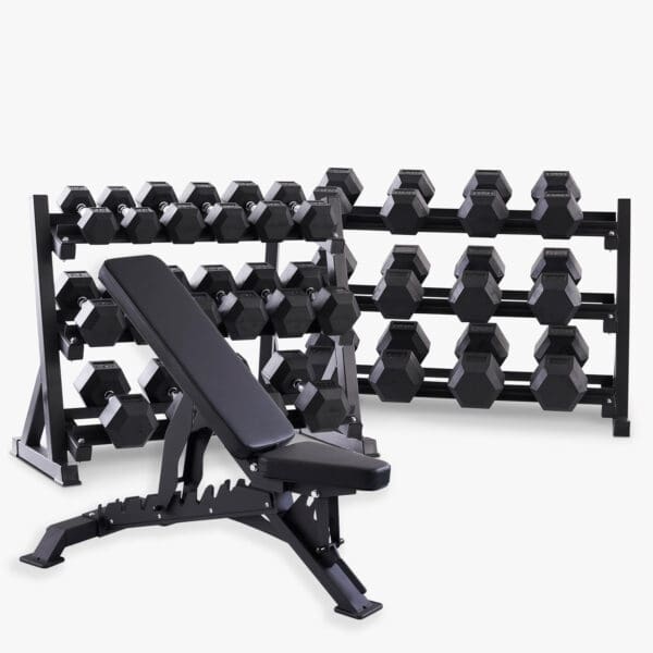 Hex håndvægte (sæt, 7,5-40 kg) inkl. stativ og justerbar bænk