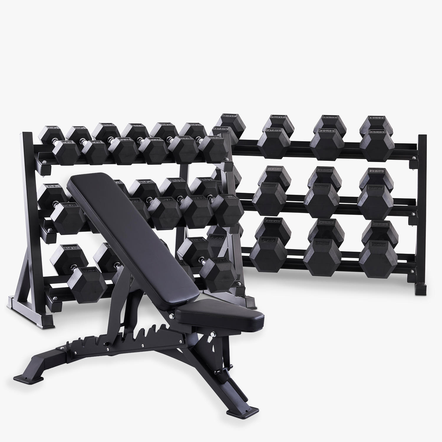 Hex håndvægte (sæt, 7,5-40 kg) inkl. stativ og justerbar bænk