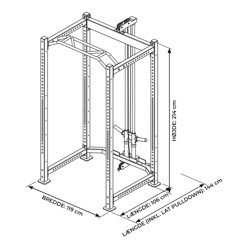 HF Pro™ Power Rack – måltegning med længde, bredde og højde
